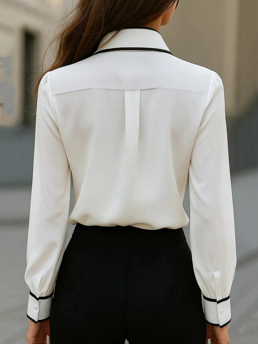 Women's Chic Contrast-Trim Tie-Neck Bow - Blouse CAAYWORLD