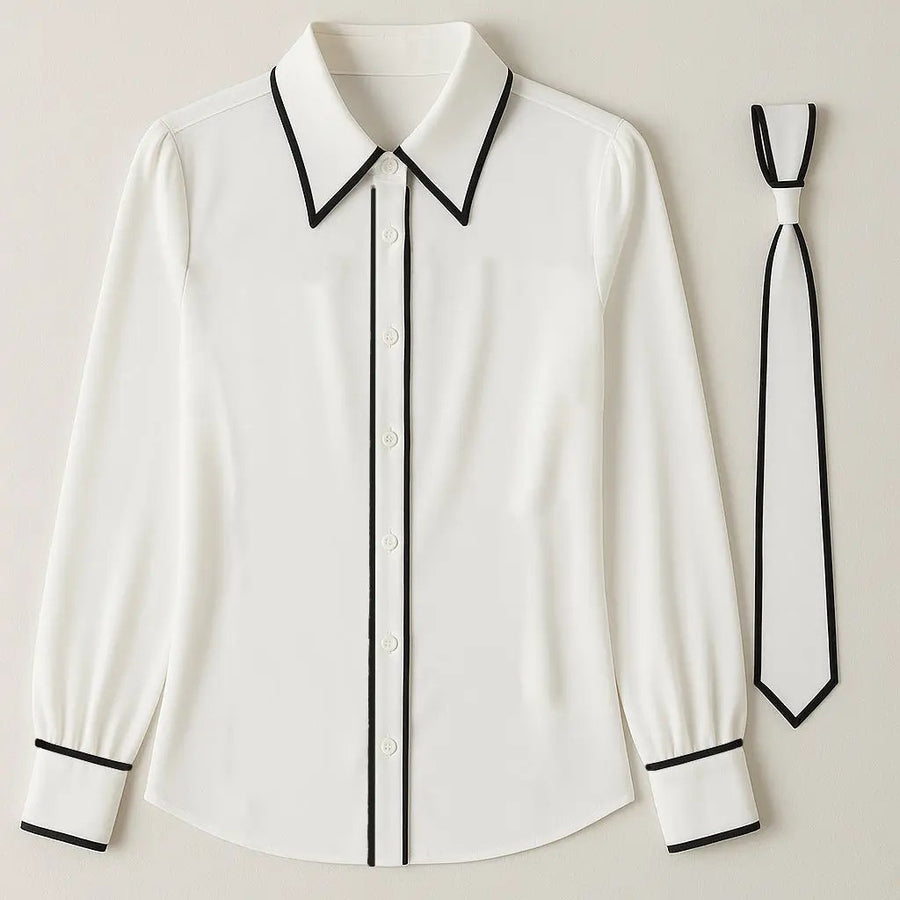 Women's Chic Contrast-Trim Tie-Neck Bow - Blouse CAAYWORLD