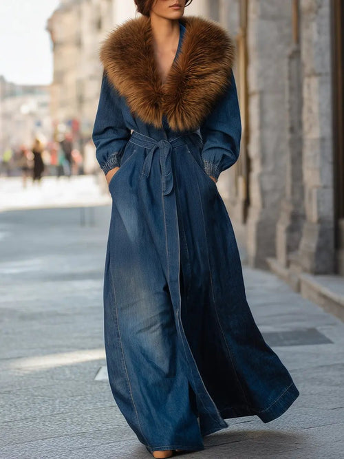 Women's Faux Fur Collar Longline Denim Coat - Denim Coat CAAYWORLD
