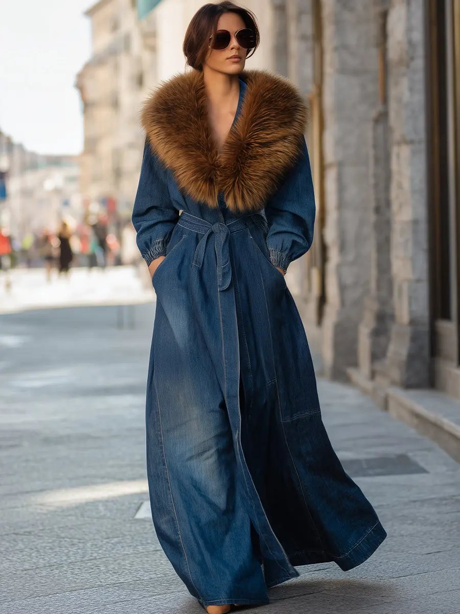 Women's Faux Fur Collar Longline Denim Coat - Denim Coat CAAYWORLD