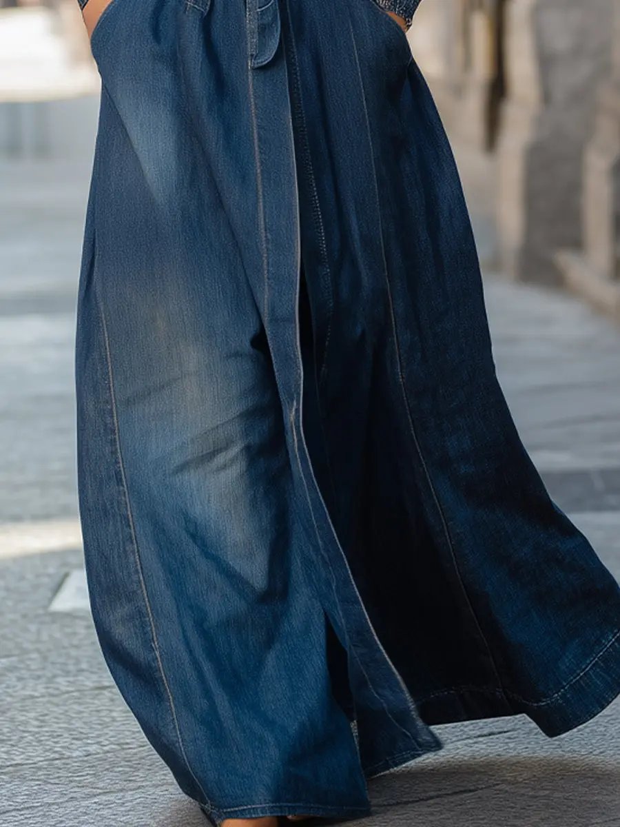 Women's Faux Fur Collar Longline Denim Coat - Denim Coat CAAYWORLD