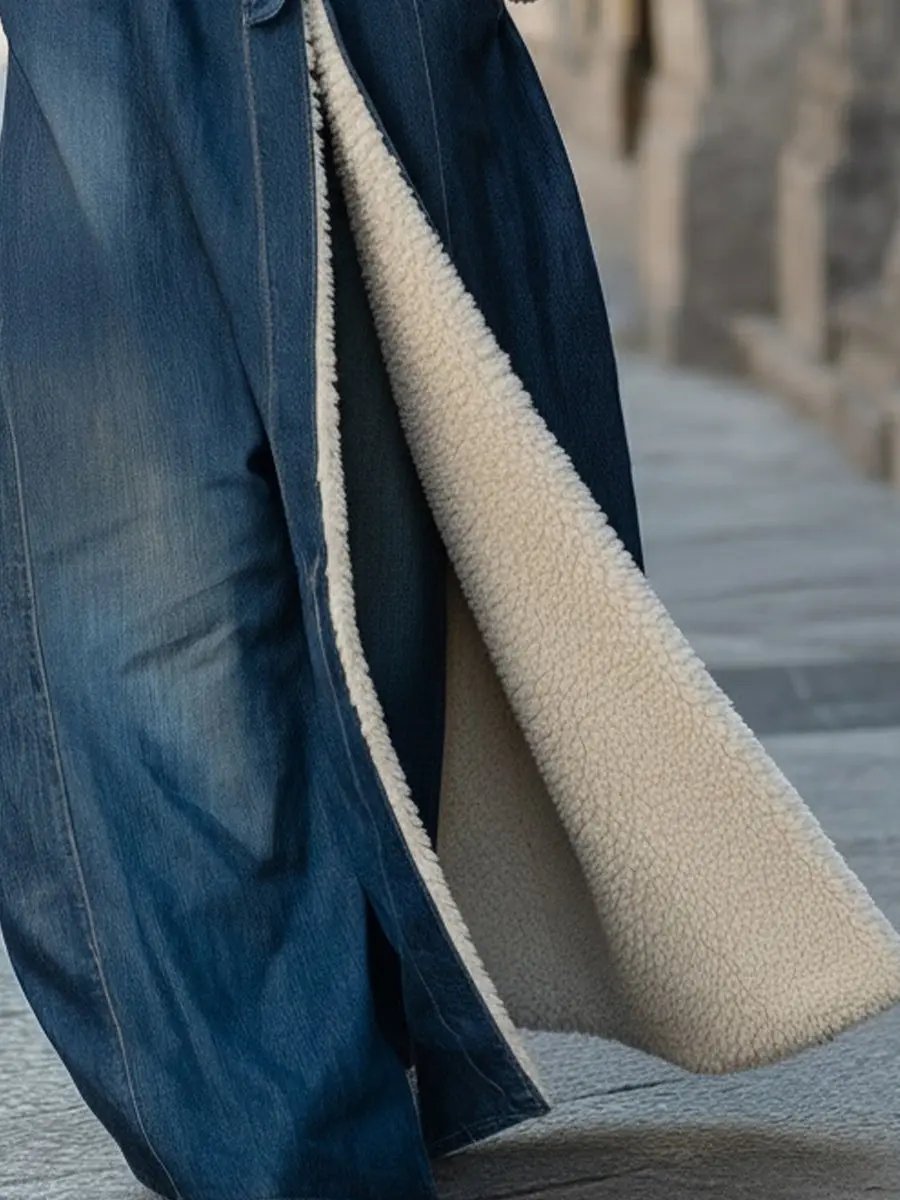 Women's Faux Fur Collar Longline Denim Coat - Denim Coat CAAYWORLD
