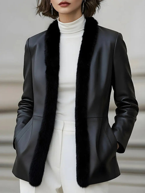 Women's Faux Leather Fur-Trimmed Tailored Fit - Blazer CAAYWORLD