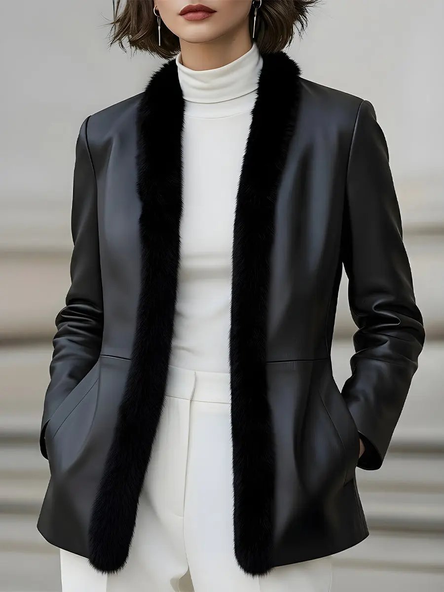Women's Faux Leather Fur-Trimmed Tailored Fit - Blazer CAAYWORLD