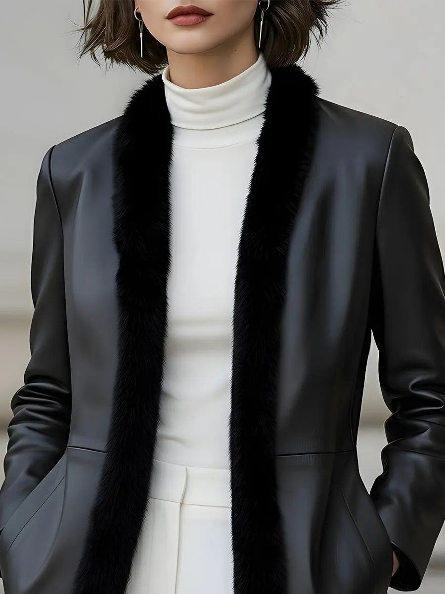 Women's Faux Leather Fur-Trimmed Tailored Fit - Blazer CAAYWORLD
