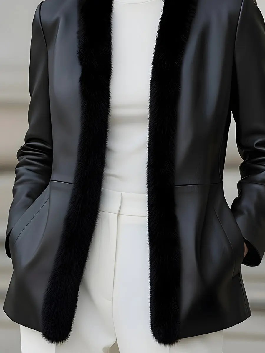 Women's Faux Leather Fur-Trimmed Tailored Fit - Blazer CAAYWORLD