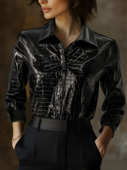 Women's Glossy Black Crocodile-Embossed Faux Leather Button-Down - Shirt CAAYWORLD