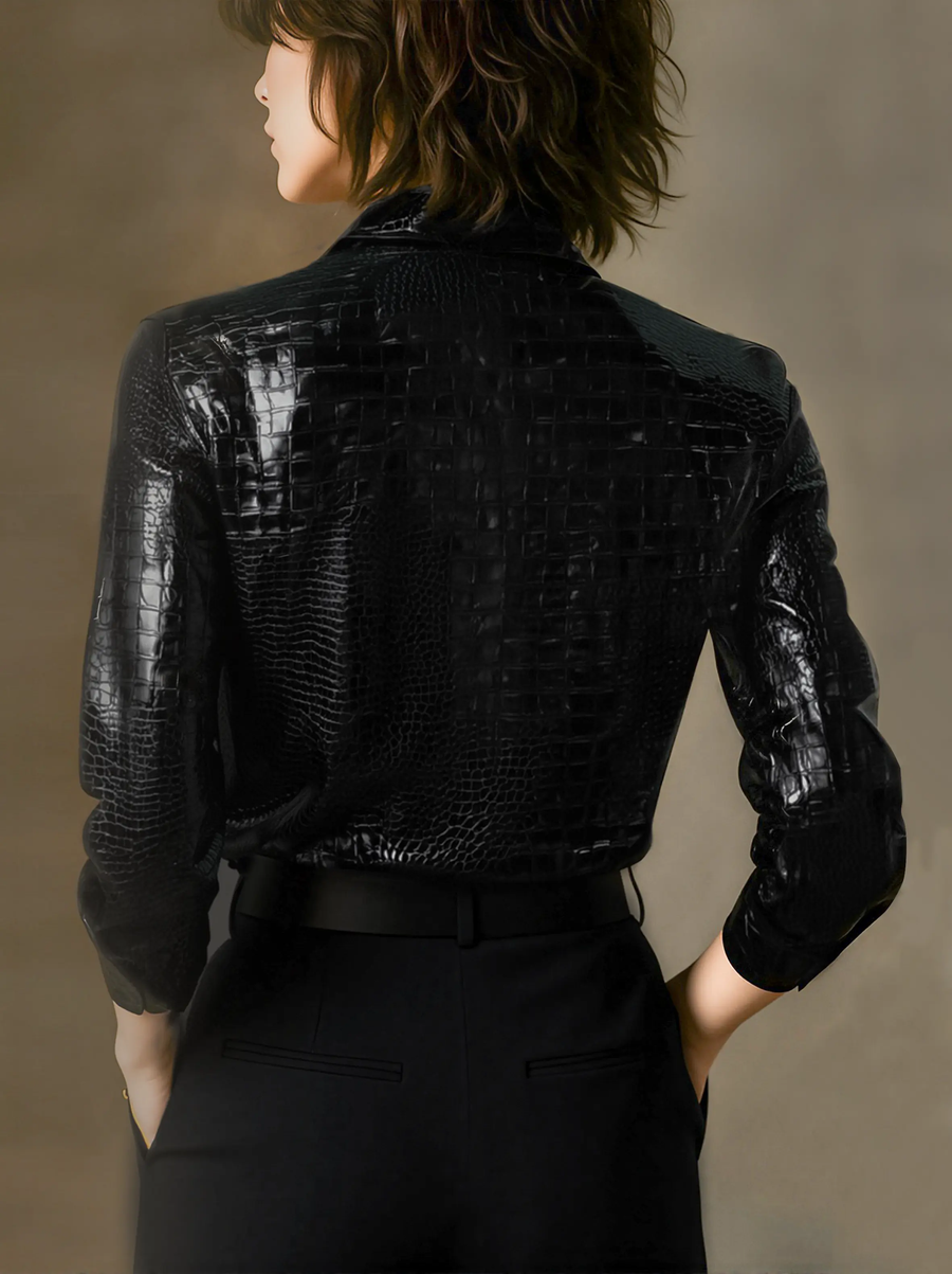 Women's Glossy Black Crocodile-Embossed Faux Leather Button-Down - Shirt CAAYWORLD