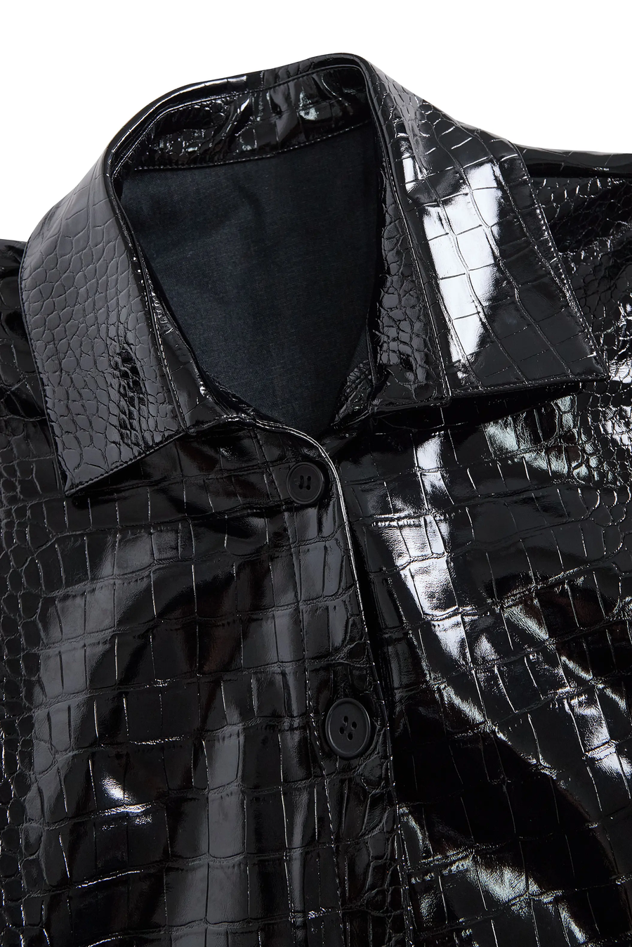 Women's Glossy Black Crocodile-Embossed Faux Leather Button-Down - Shirt CAAYWORLD