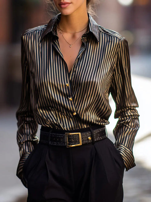 Women's Metallic-Stripe Satin - Blouse CAAYWORLD