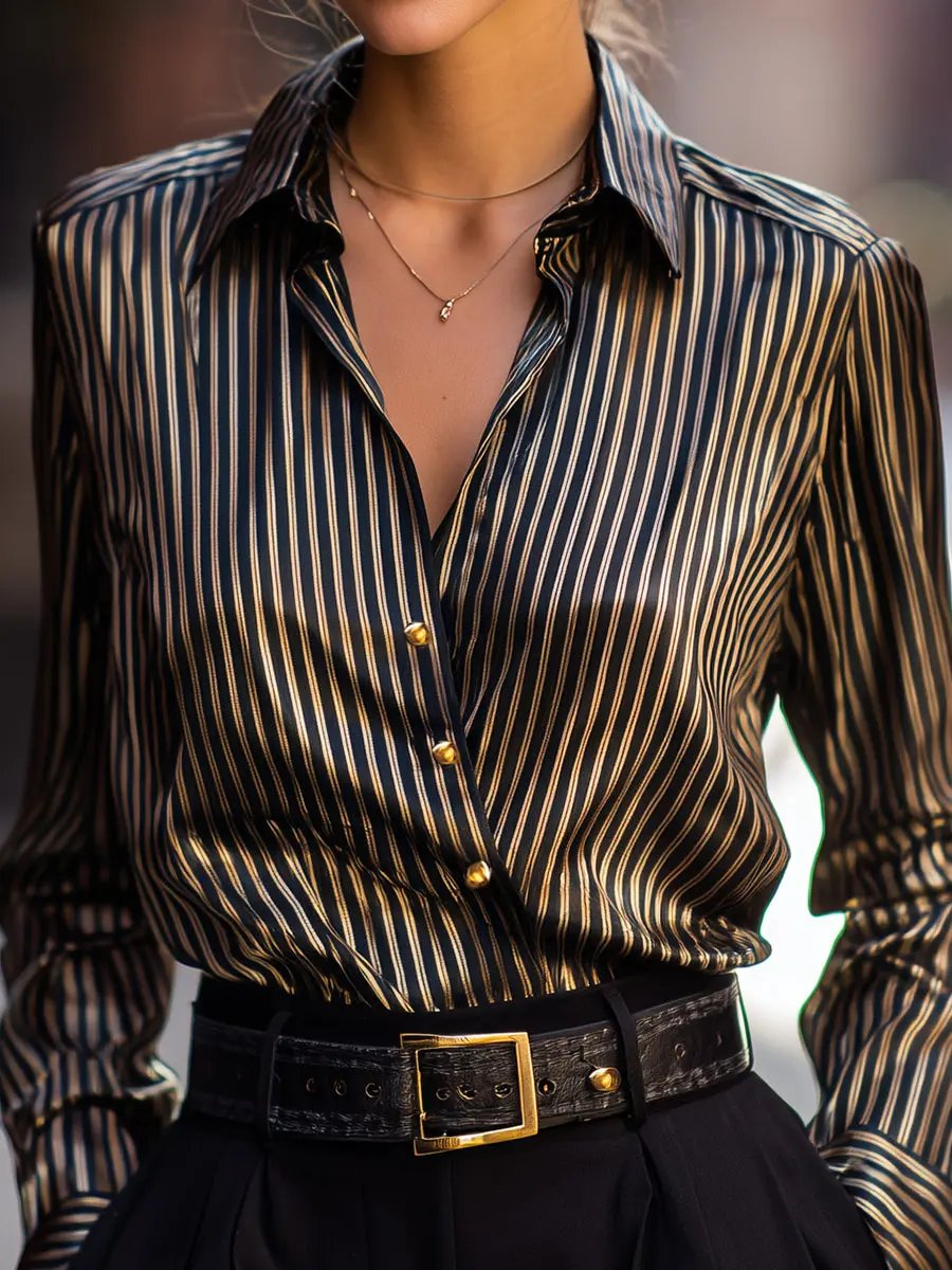 Women's Metallic-Stripe Satin - Blouse CAAYWORLD