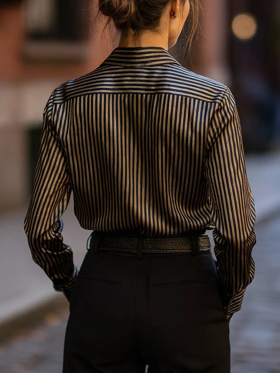 Women's Metallic-Stripe Satin - Blouse CAAYWORLD