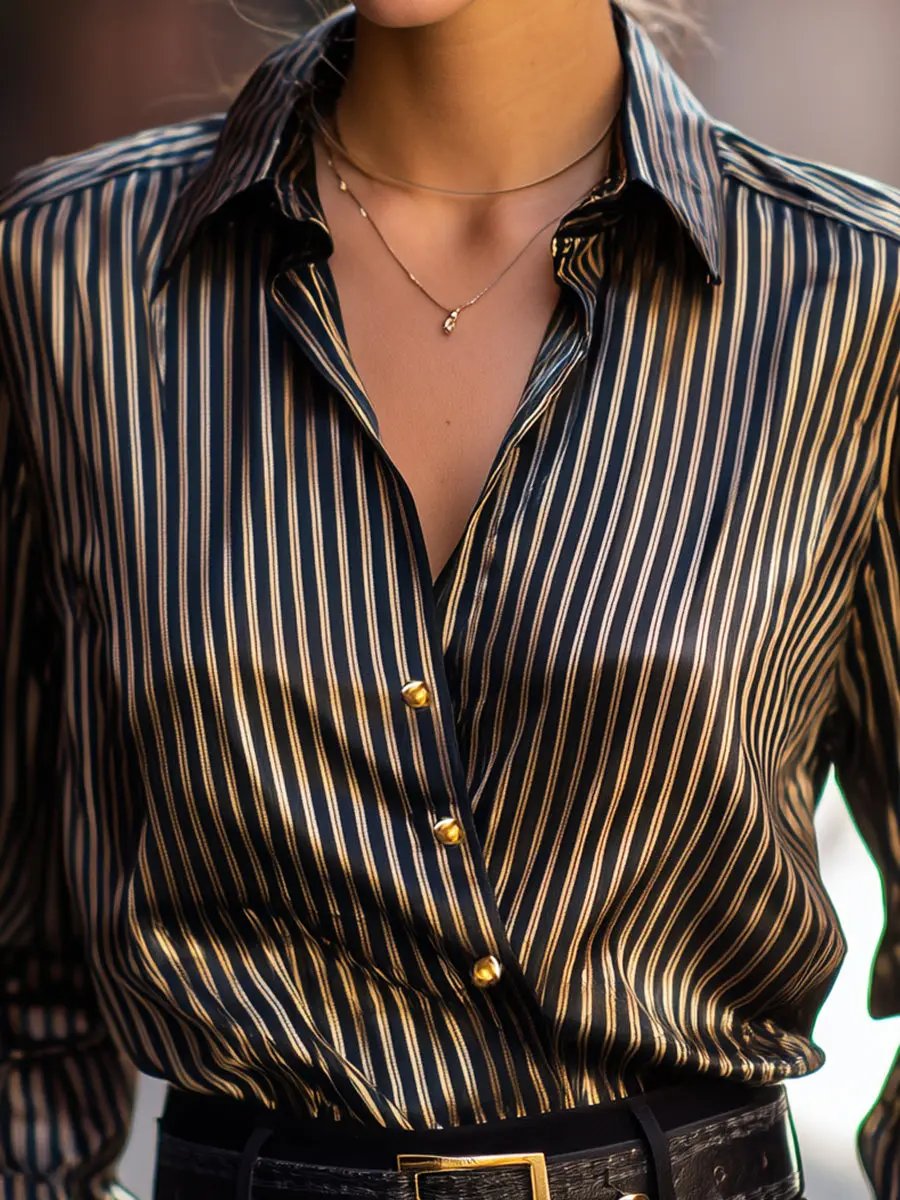 Women's Metallic-Stripe Satin - Blouse CAAYWORLD