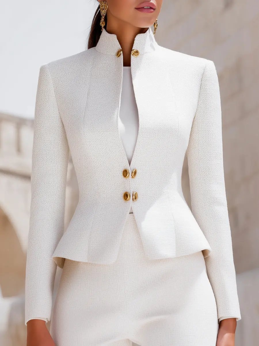 Women's Sculpted Stand-Collar With Gold Buttons - Tailored Blazer CAAYWORLD