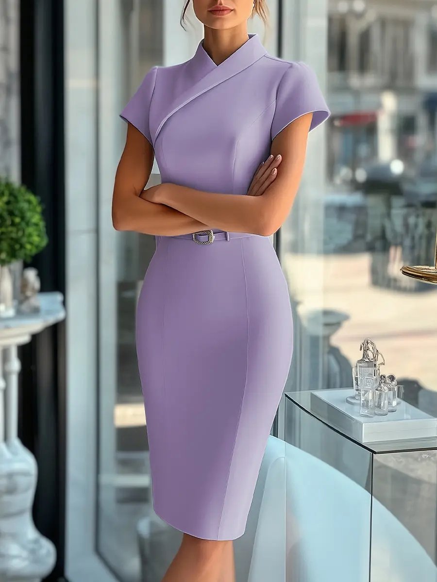 Women's Sky Blue Sleek Asymmetrical Belted Dress - Midi Dress CAAYWORLD