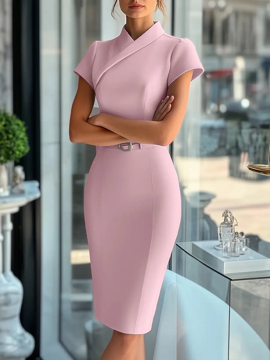 Women's Sky Blue Sleek Asymmetrical Belted Dress - Midi Dress CAAYWORLD