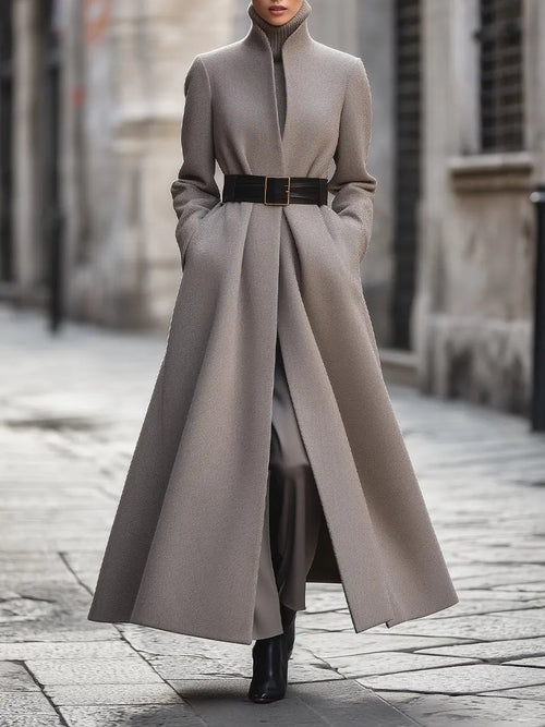 Women's Taupe High-Collar Belted Longline - Coat CAAYWORLD