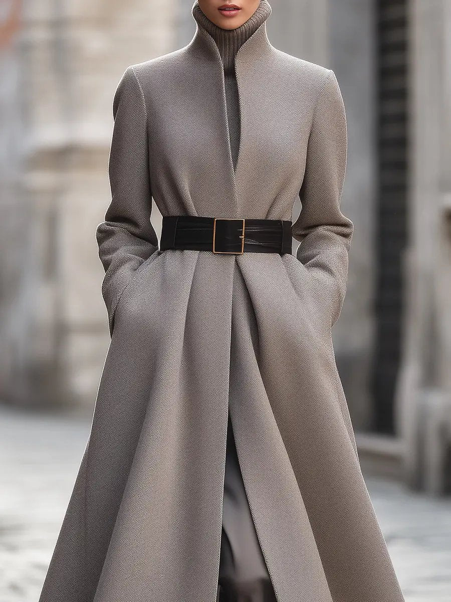 Women's Taupe High-Collar Belted Longline - Coat CAAYWORLD