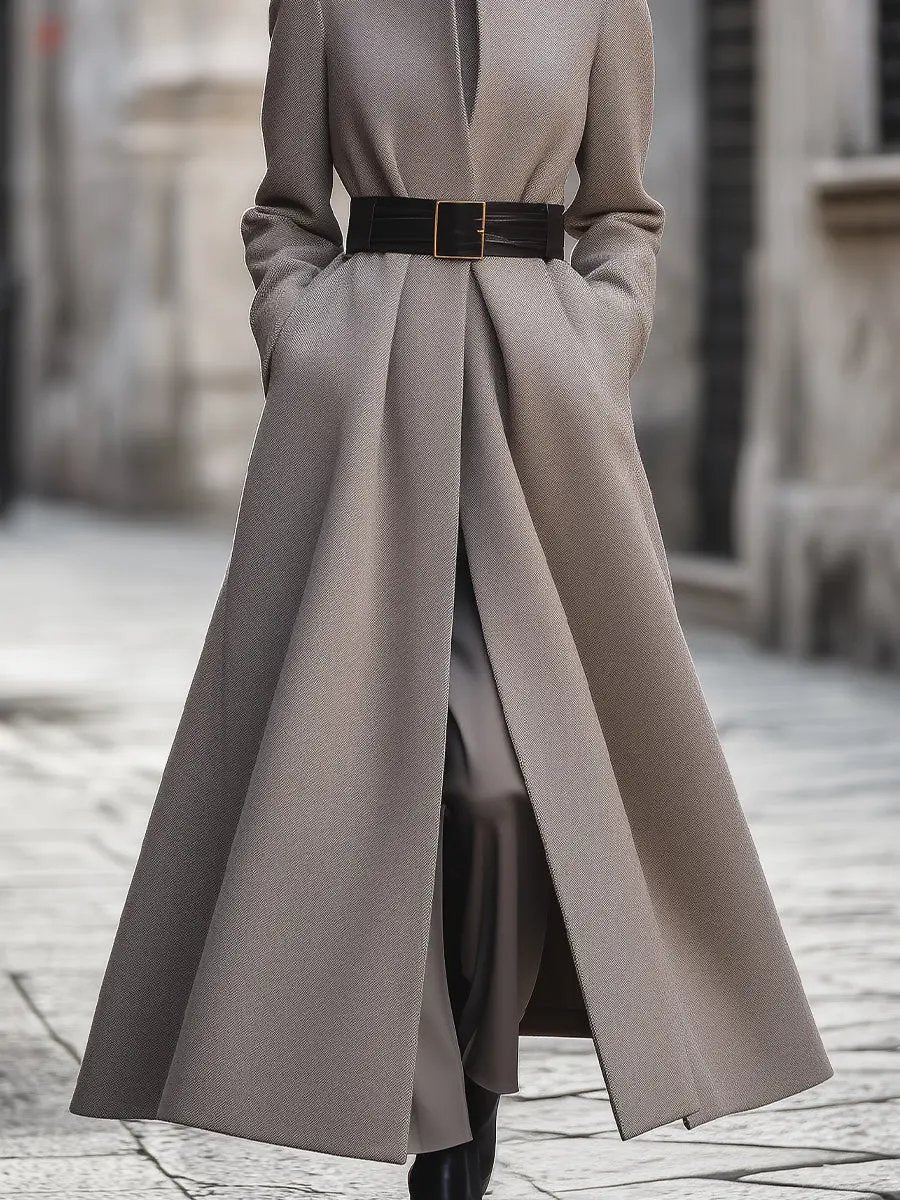 Women's Taupe High-Collar Belted Longline - Coat CAAYWORLD