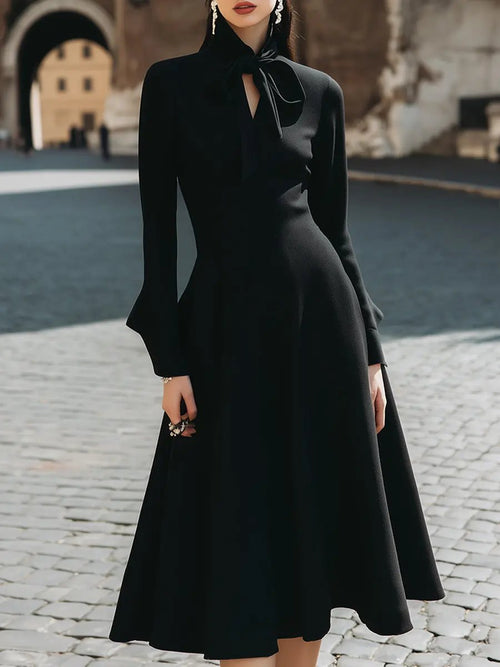Women's Tie-Neck A-Line, Waist-Defined - Midi Dress CAAYWORLD