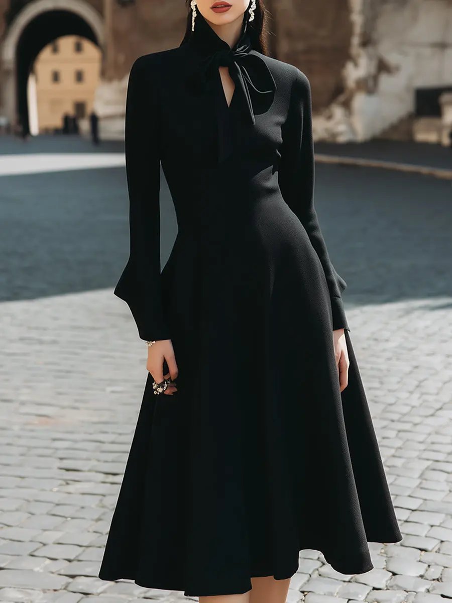 Women's Tie-Neck A-Line, Waist-Defined - Midi Dress CAAYWORLD