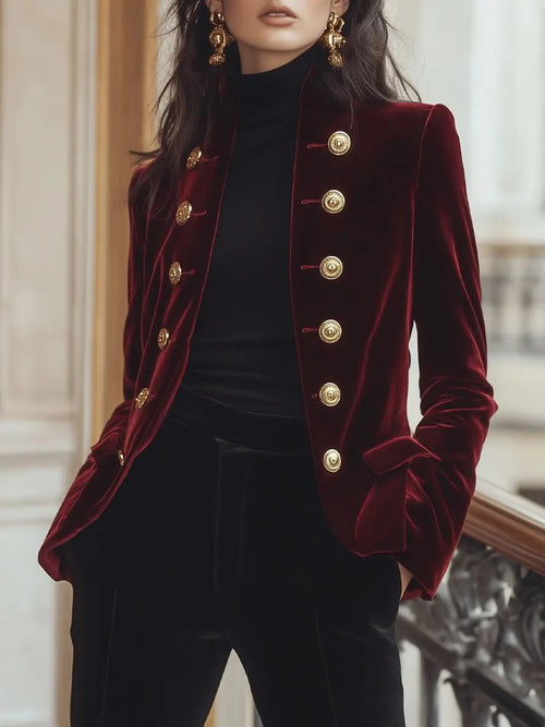 Women's Velvet Blazer with Gold Trim - Jacket CAAYWORLD