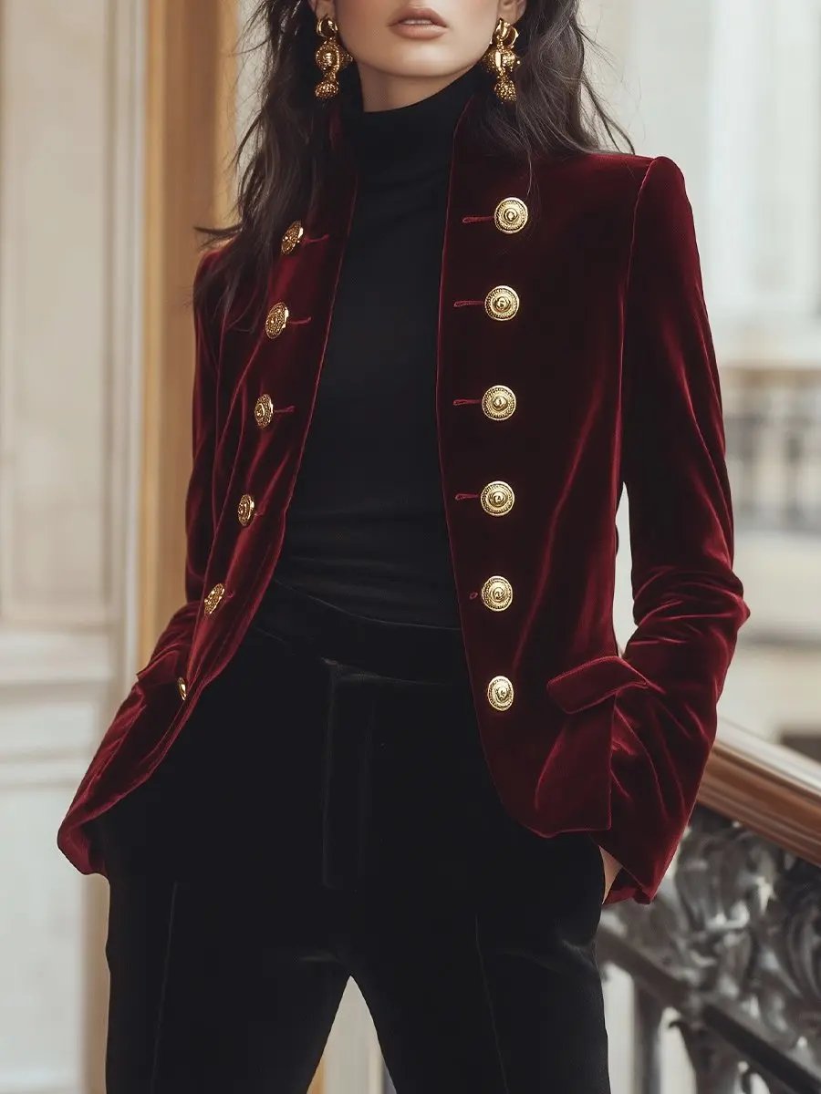 Women's Velvet Blazer with Gold Trim - Jacket CAAYWORLD