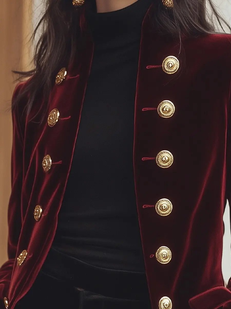 Women's Velvet Blazer with Gold Trim - Jacket CAAYWORLD