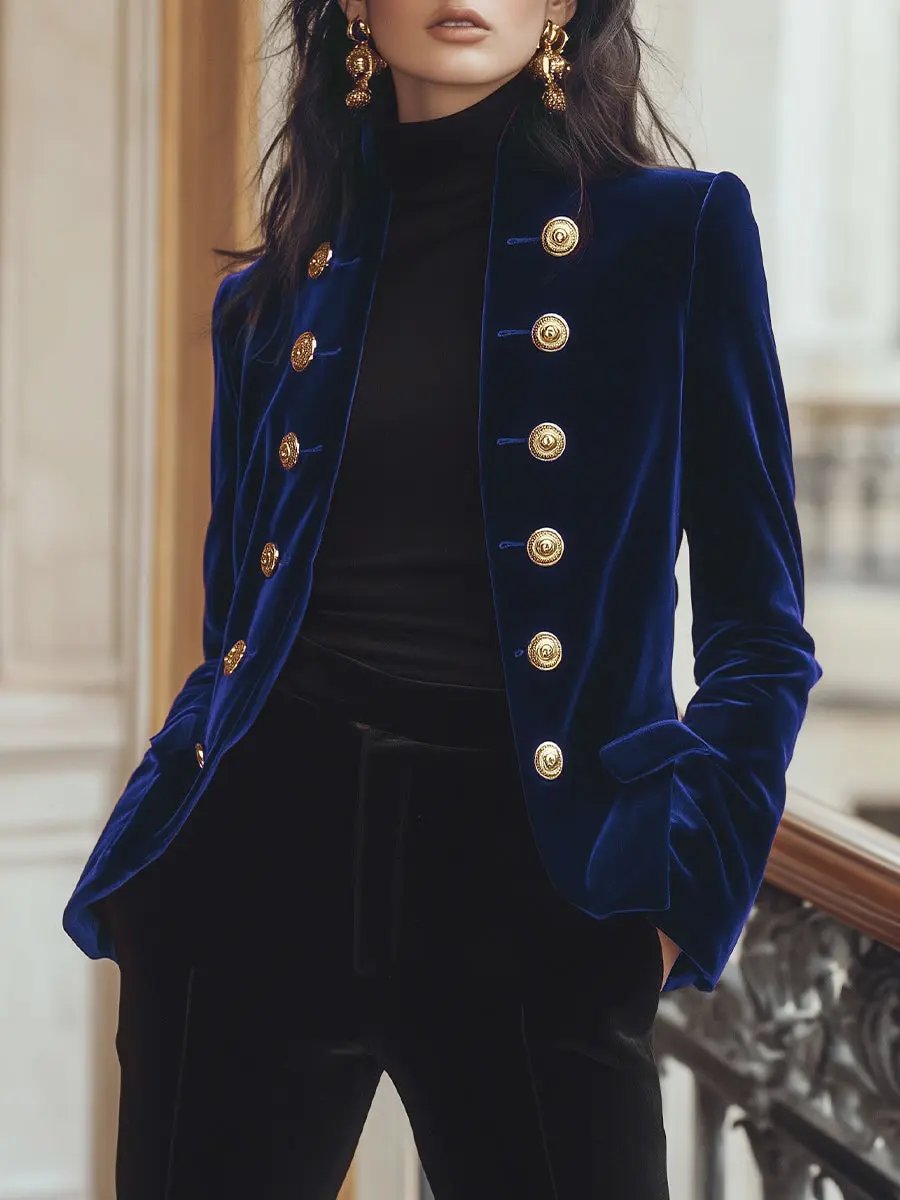Women's Velvet Blazer with Gold Trim - Jacket CAAYWORLD