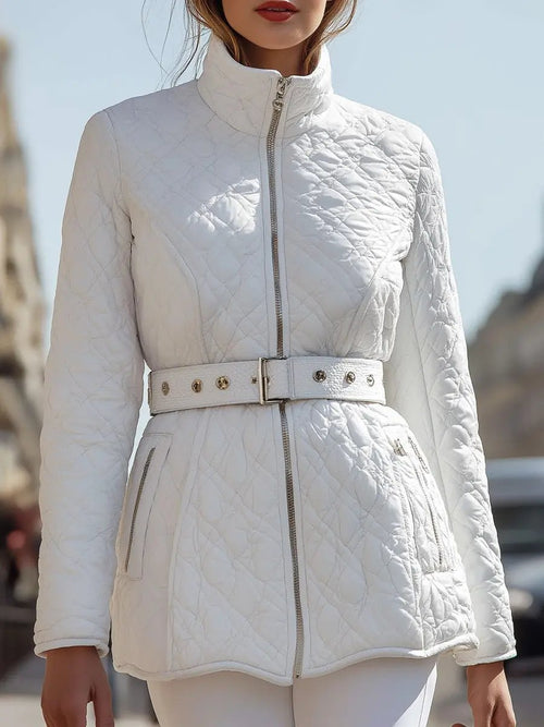 Women's White Quilted Belted High-Collar - Jacket CAAYWORLD