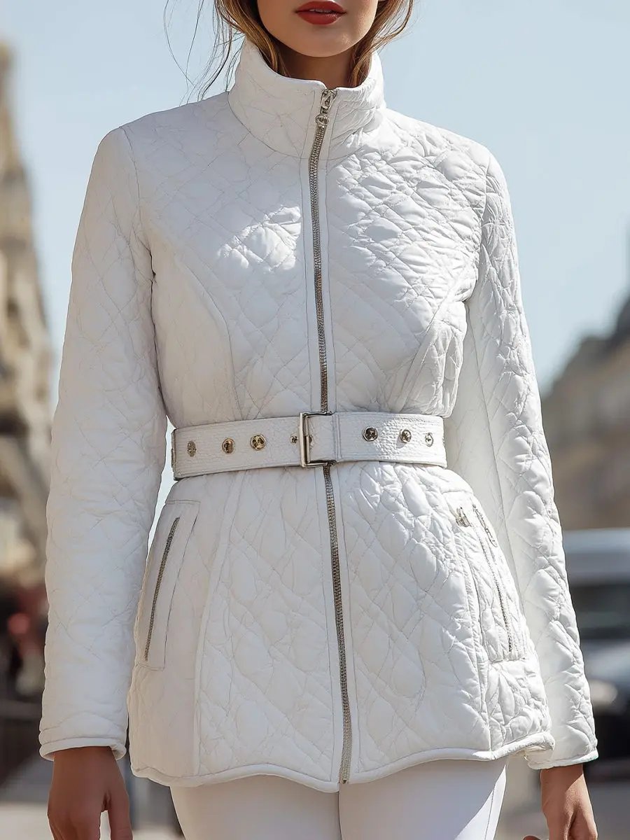 Women's White Quilted Belted High-Collar - Jacket CAAYWORLD