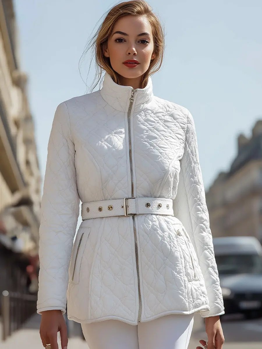 Women's White Quilted Belted High-Collar - Jacket CAAYWORLD