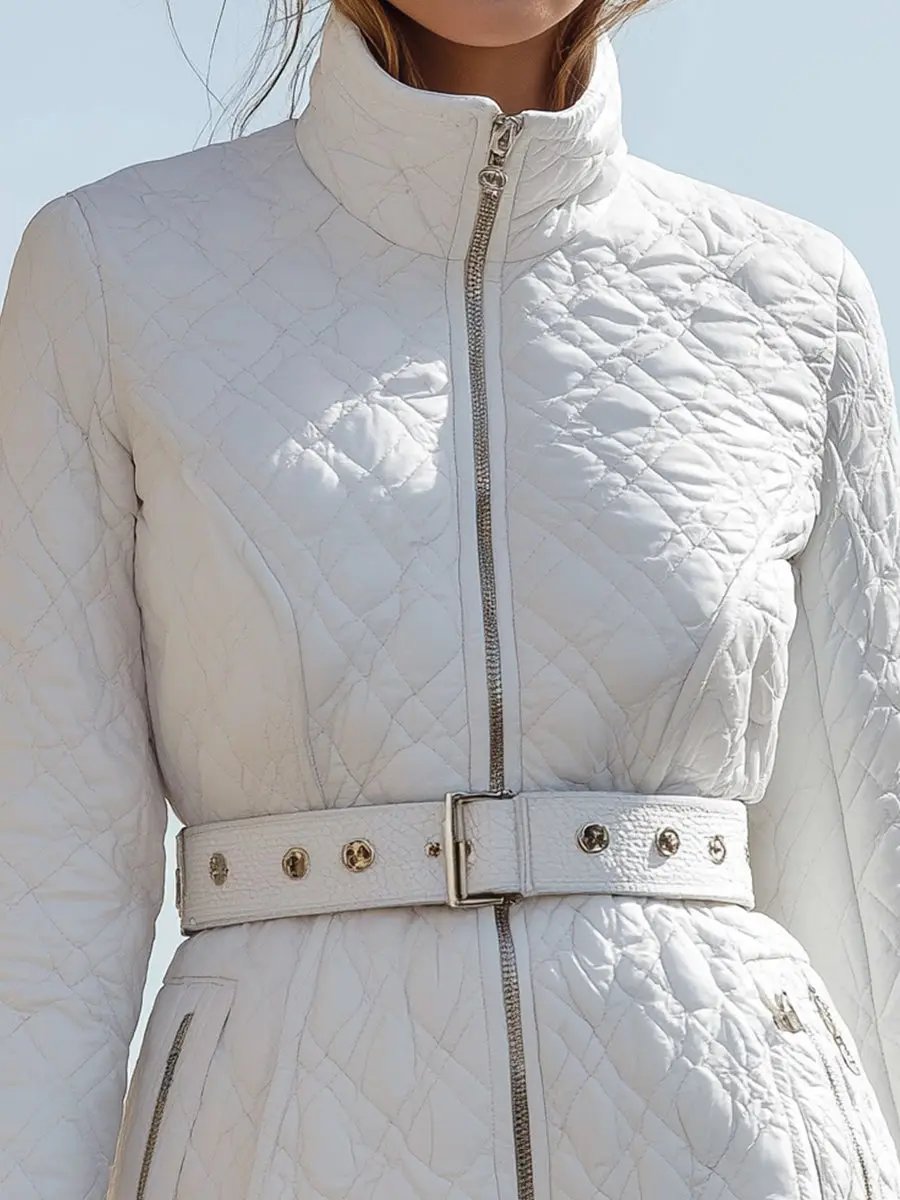 Women's White Quilted Belted High-Collar - Jacket CAAYWORLD