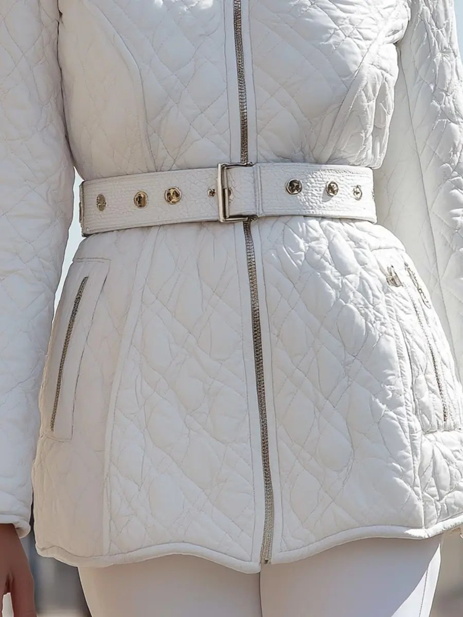Women's White Quilted Belted High-Collar - Jacket CAAYWORLD