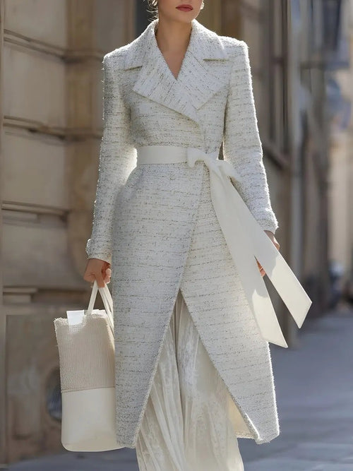 Women's White Textured Tweed Belted Style - Coat CAAYWORLD