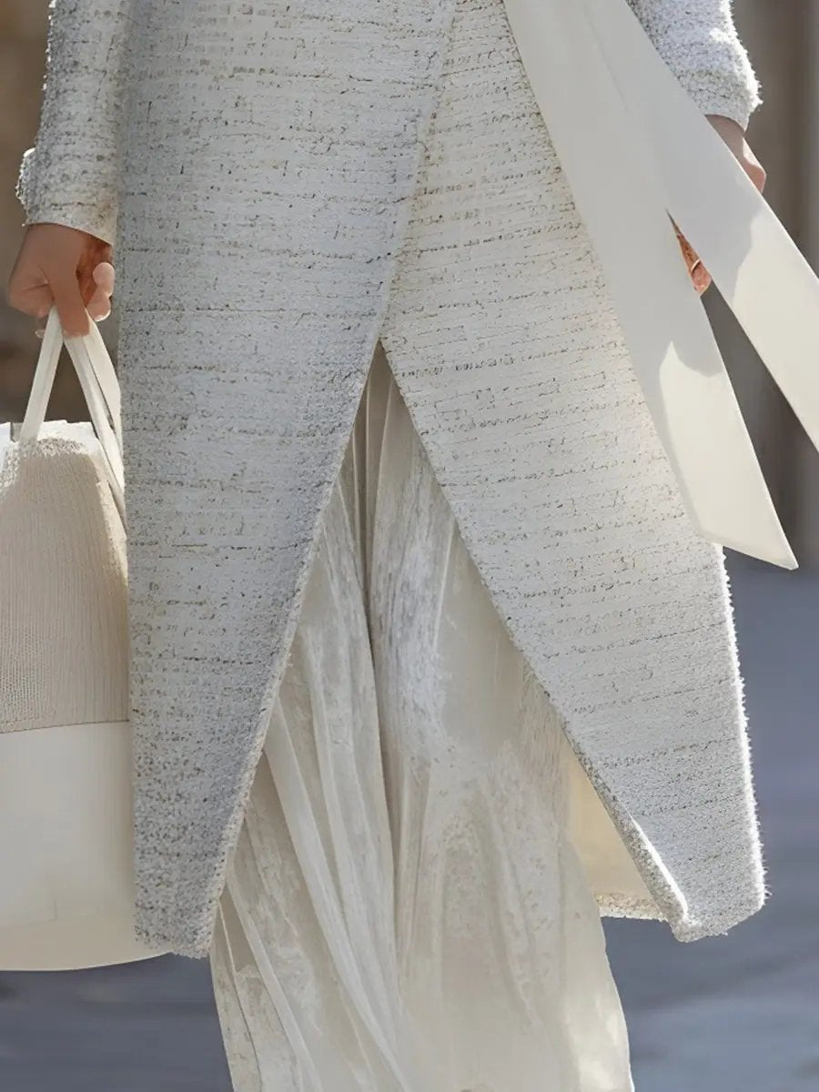 Women's White Textured Tweed Belted Style - Coat CAAYWORLD