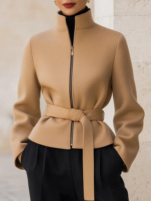 Wool-Blend Belted Zipper Jacket - Short Coat CAAYWORLD