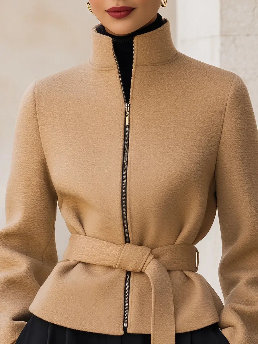 Wool-Blend Belted Zipper Jacket - Short Coat CAAYWORLD