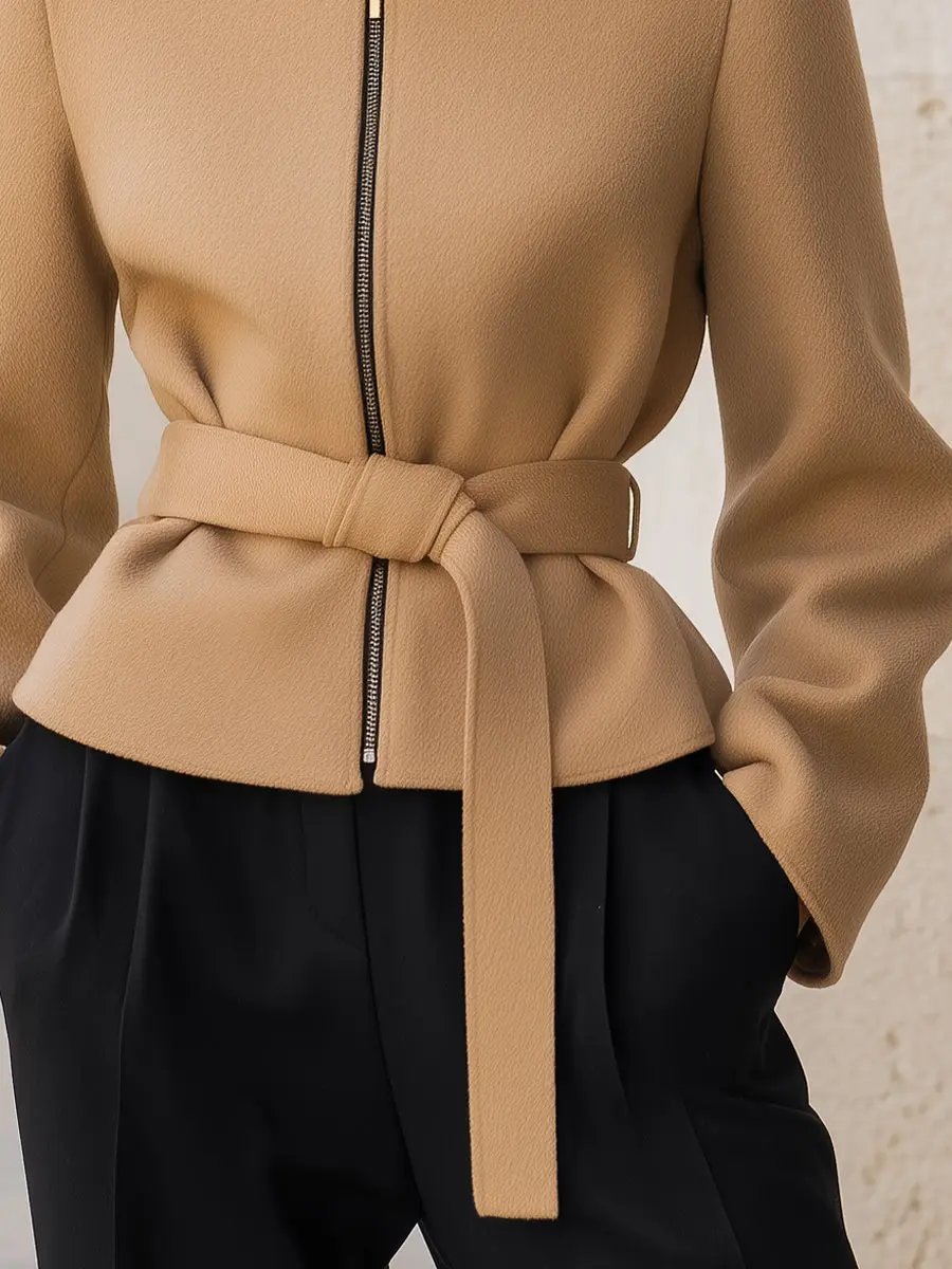 Wool-Blend Belted Zipper Jacket - Short Coat CAAYWORLD