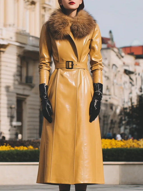 Yellow Faux Leather With Faux Fur Collar - Women's Coat CAAYWORLD