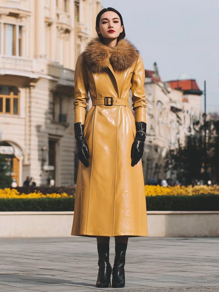 Yellow Faux Leather With Faux Fur Collar - Women's Coat CAAYWORLD