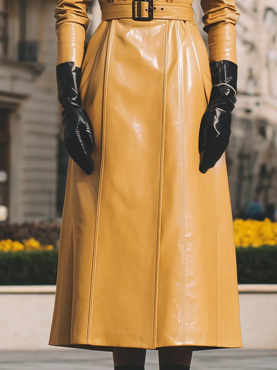 Yellow Faux Leather With Faux Fur Collar - Women's Coat CAAYWORLD