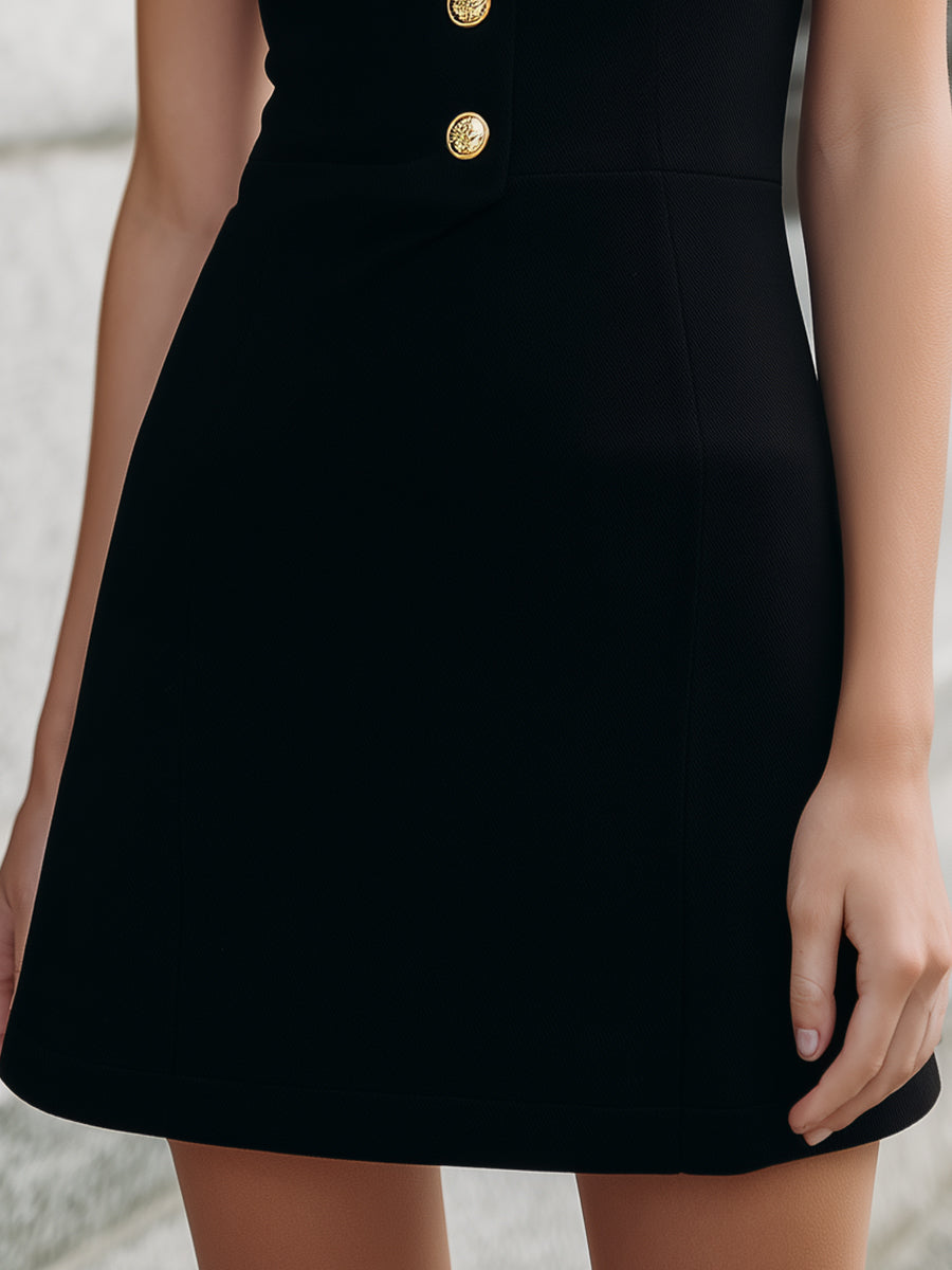 Black Sleeveless Halter Mini Dress With White Collar Detail ZJ