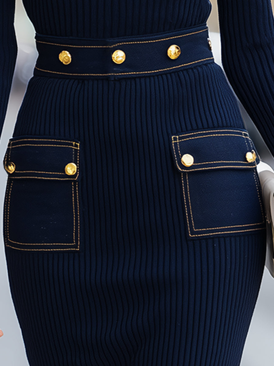 Navy Ribbed Knit Dress With Gold-Tone Button Denim Pocket Details WJJ