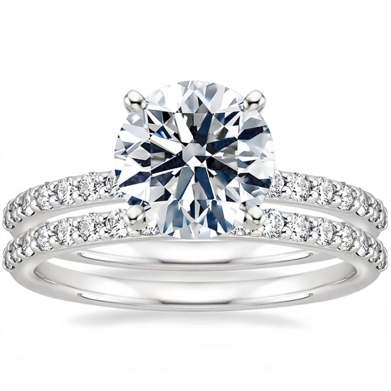 Classic 4 Prong Round Cut Sterling Silver Engagement Ring with Band Shine of Diamond