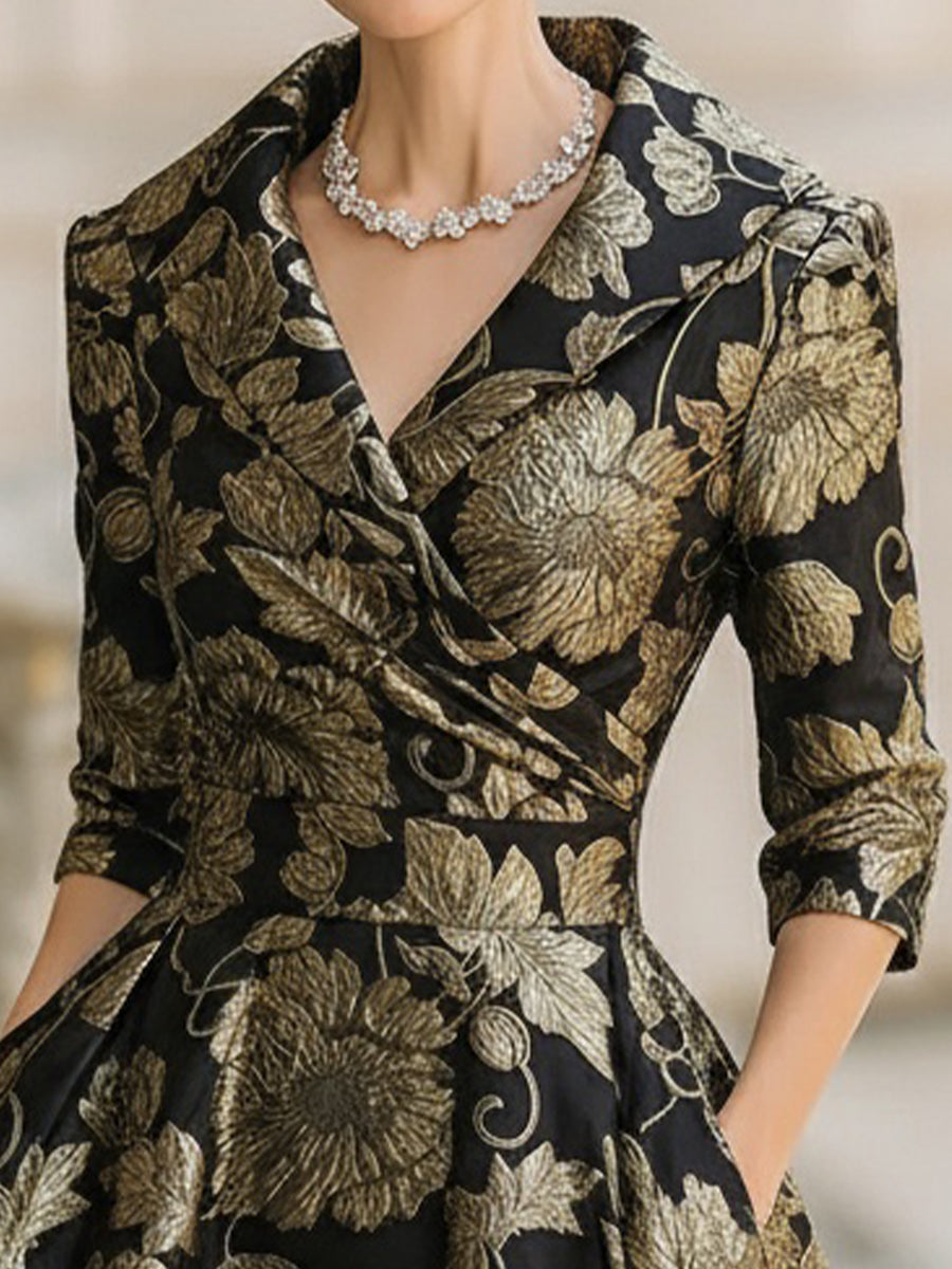 CAAYWORLD Black & Gold Jacquard Floral Midi Dress HWT