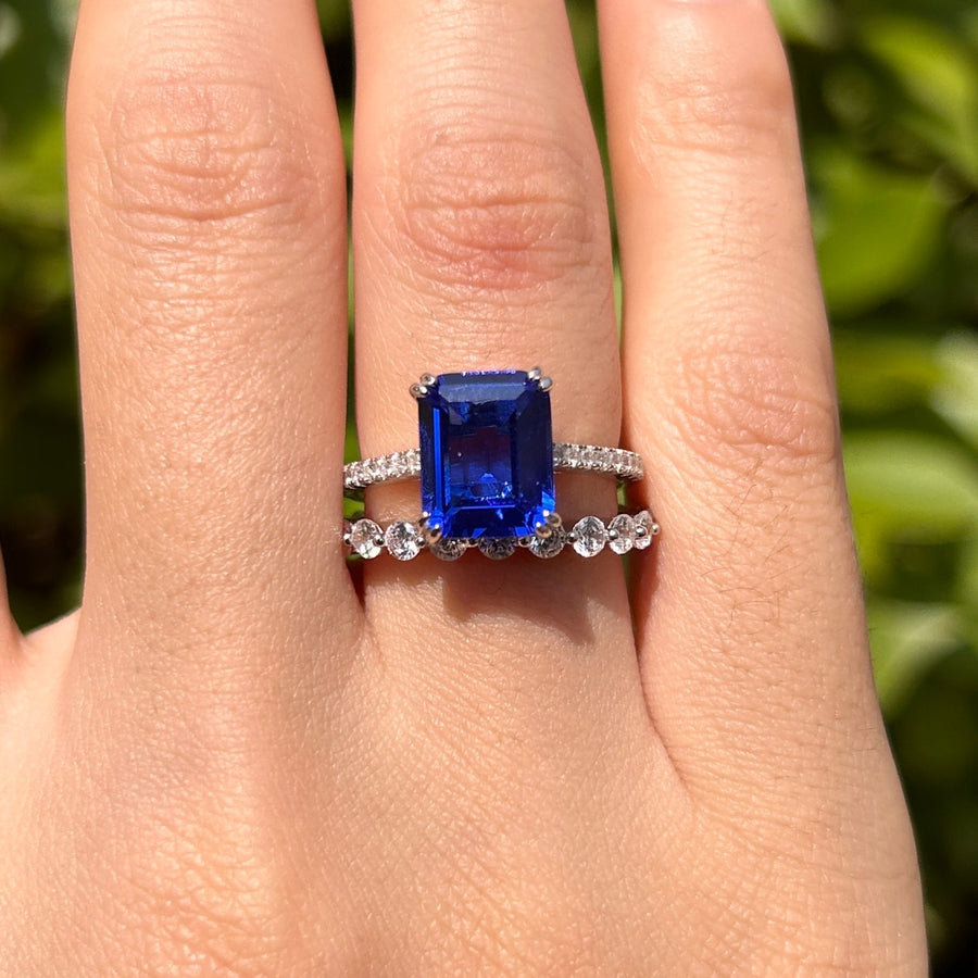 Vintage Blue Emerald Cut Sterling Silver Bridal Set Carly Jewelry