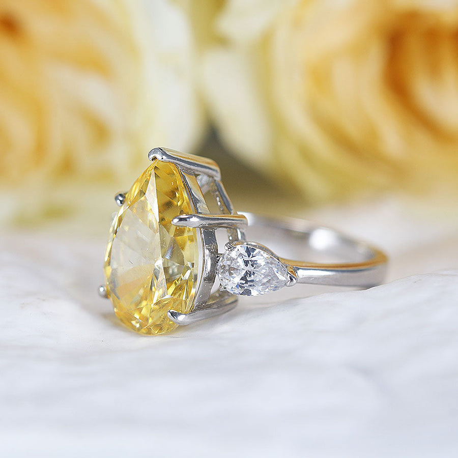 Classic Three Stone Yellow Pear Cut Sterling Silver Engagement Ring Shine of Diamond