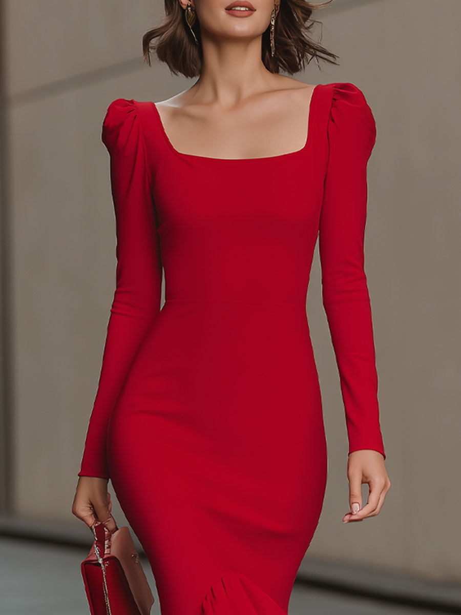 Red Square-Neck Puff-Sleeve Bodycon Midi Dress SN