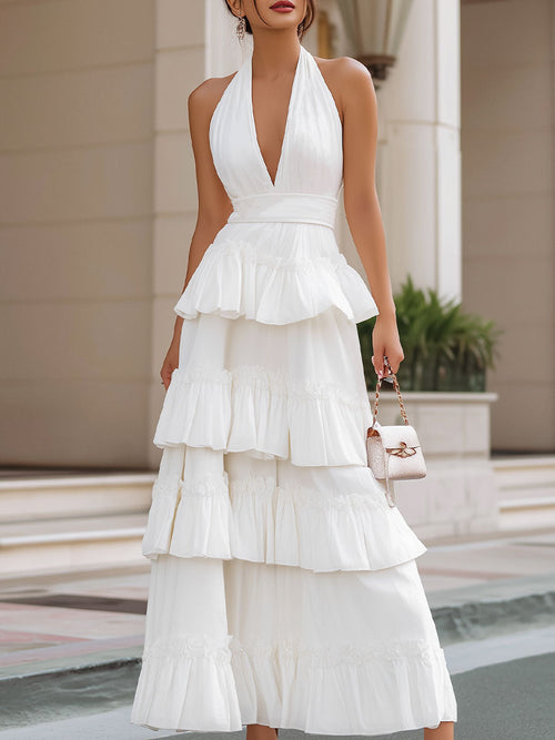 Enchanting Ivory Tiered Halter Maxi Dress SN